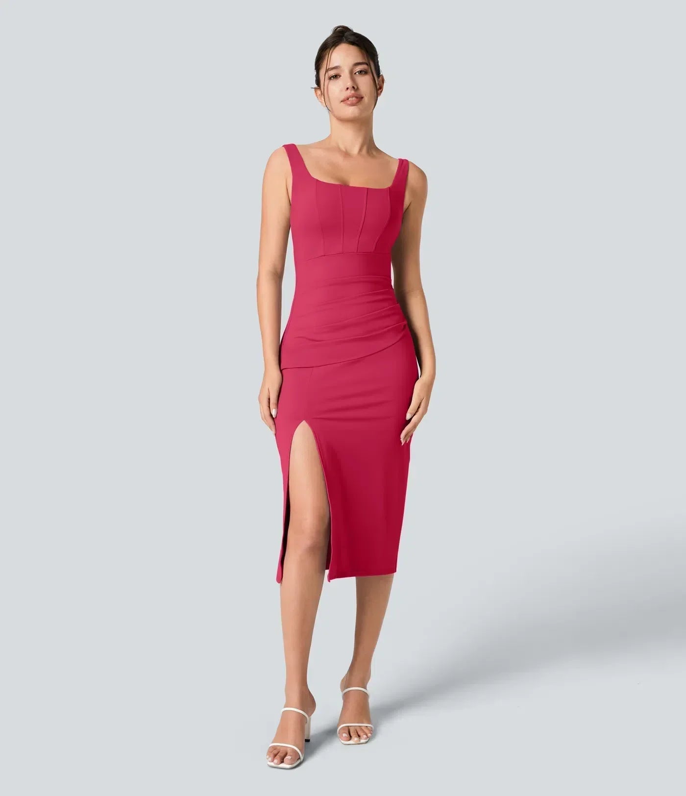 Casual bodycon midi dress with slit, backless corset, square neckline and ruching